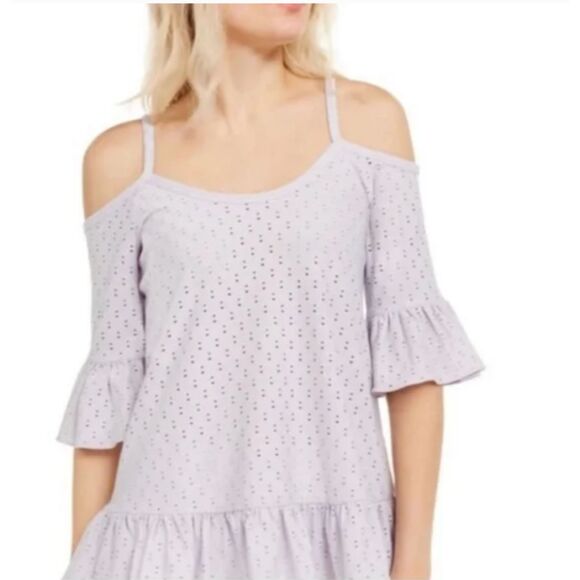 NWT Michael Kors Eyelet Cold Shoulder‎ Blouse Lavender Purple Ruffle Size Large - Picture 1 of 5